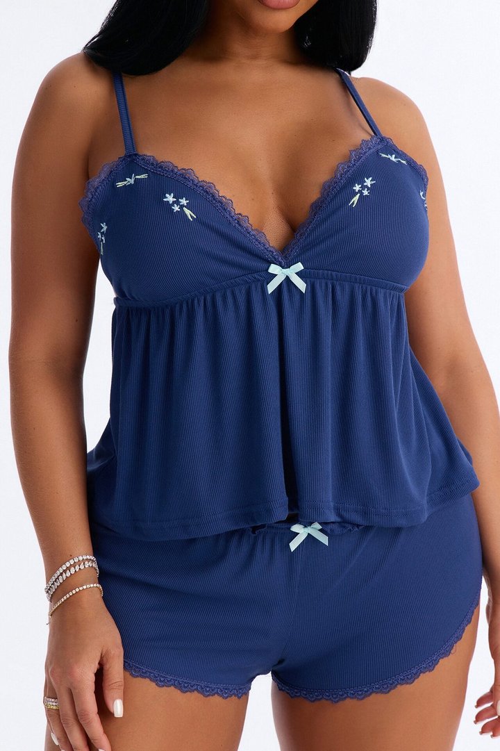 Wish Upon One Ribbed PJ Short Set - Navy
