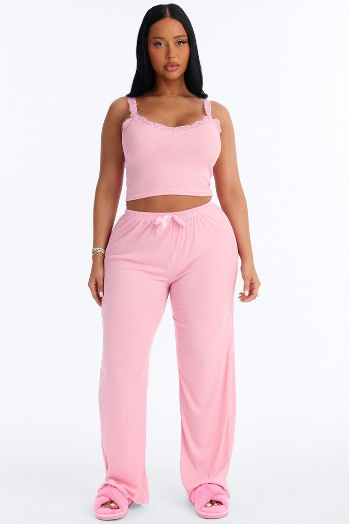 Sleep Late Ribbed PJ Pant Set - Pink