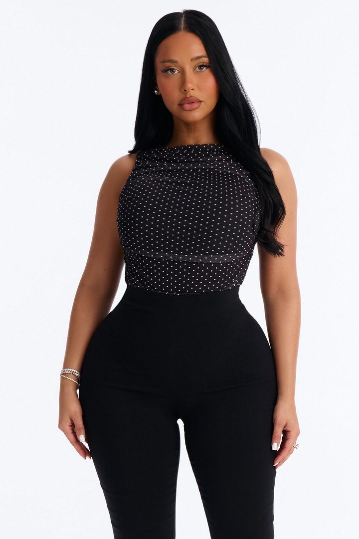 Maggie Polka Dot Mesh Ruched Sleeveless Bodysuit - Black/combo