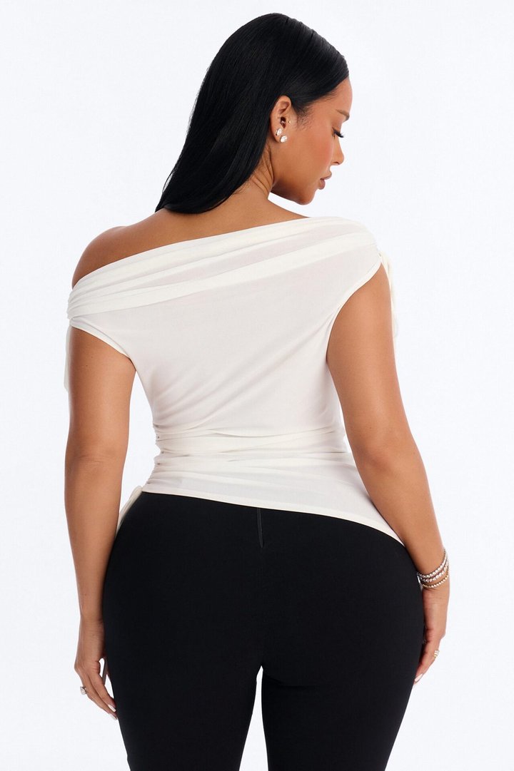 Taylor Drawstring Asymmetrical Short Sleeve Top - White