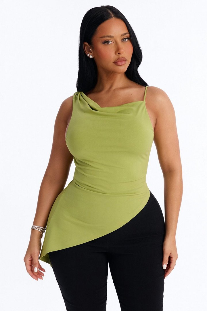 Elara Asymmetrical Twist Sleeveless Long Top - Chartreuse