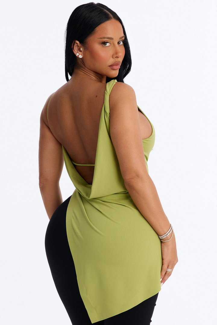 Elara Asymmetrical Twist Sleeveless Long Top - Chartreuse