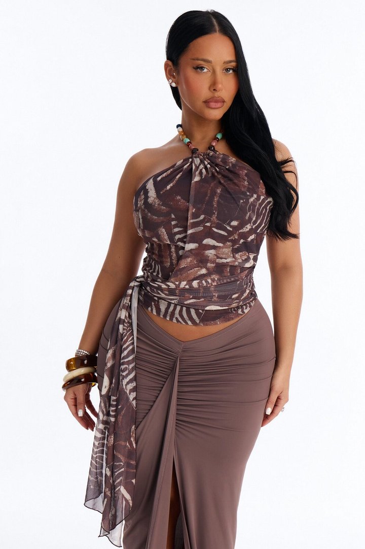 Wild Aura Mesh Beaded Tie Waist Halter Top - Brown/combo