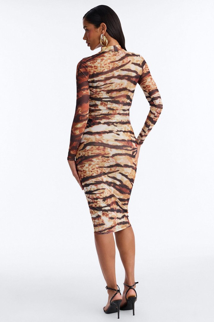 Rawr Animal Mesh Midi Dress - Orange/combo