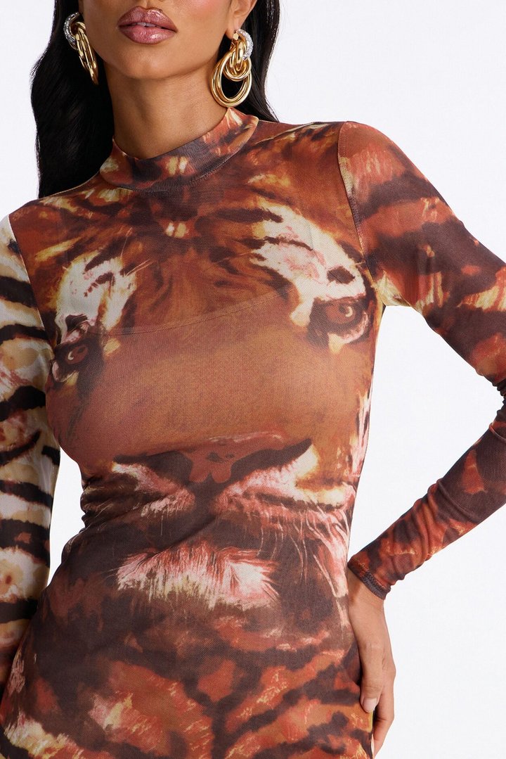 Rawr Animal Mesh Midi Dress - Orange/combo