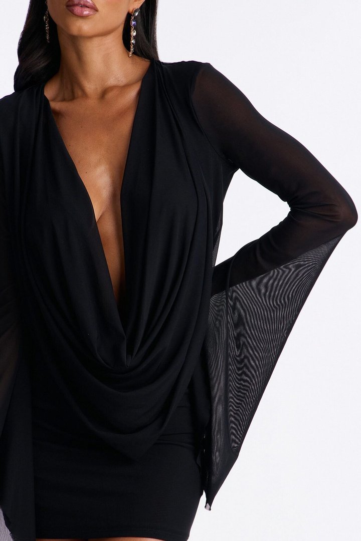 Skyler Deep Cowl Mesh Micro Mini Dress - Black
