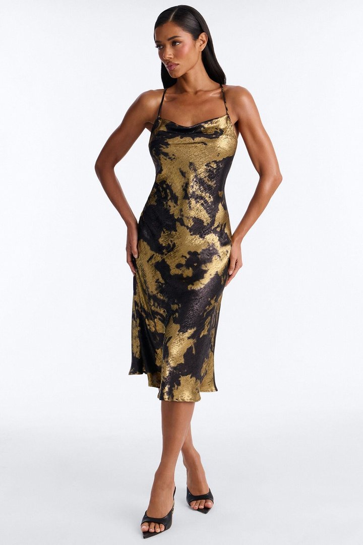 Elya Metallic Satin Midi Dress - Black/Gold