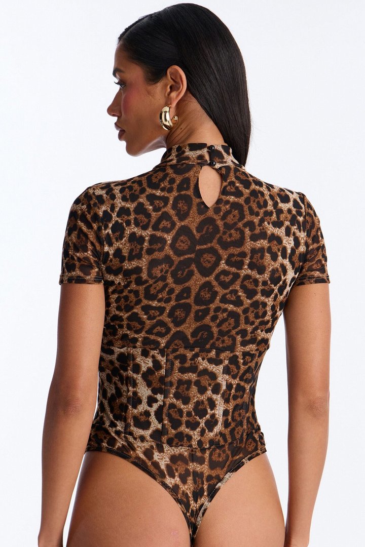 Natalie Mesh Short Sleeve Bodysuit - Leopard