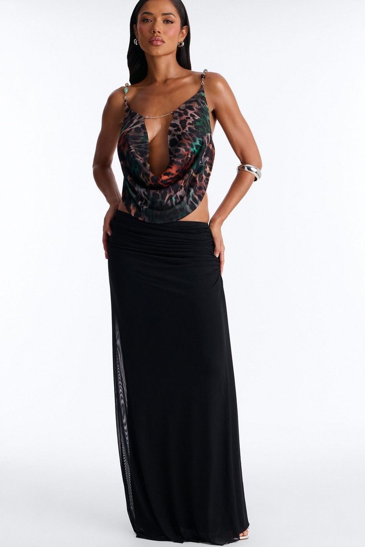 Kira Leopard Mesh Beaded Cowl Neck Top - Leopard
