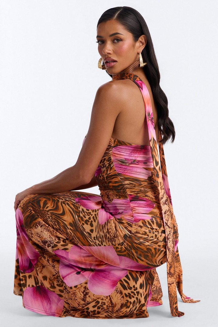 Gianna Ruched Mesh Maxi Dress - Brown/combo