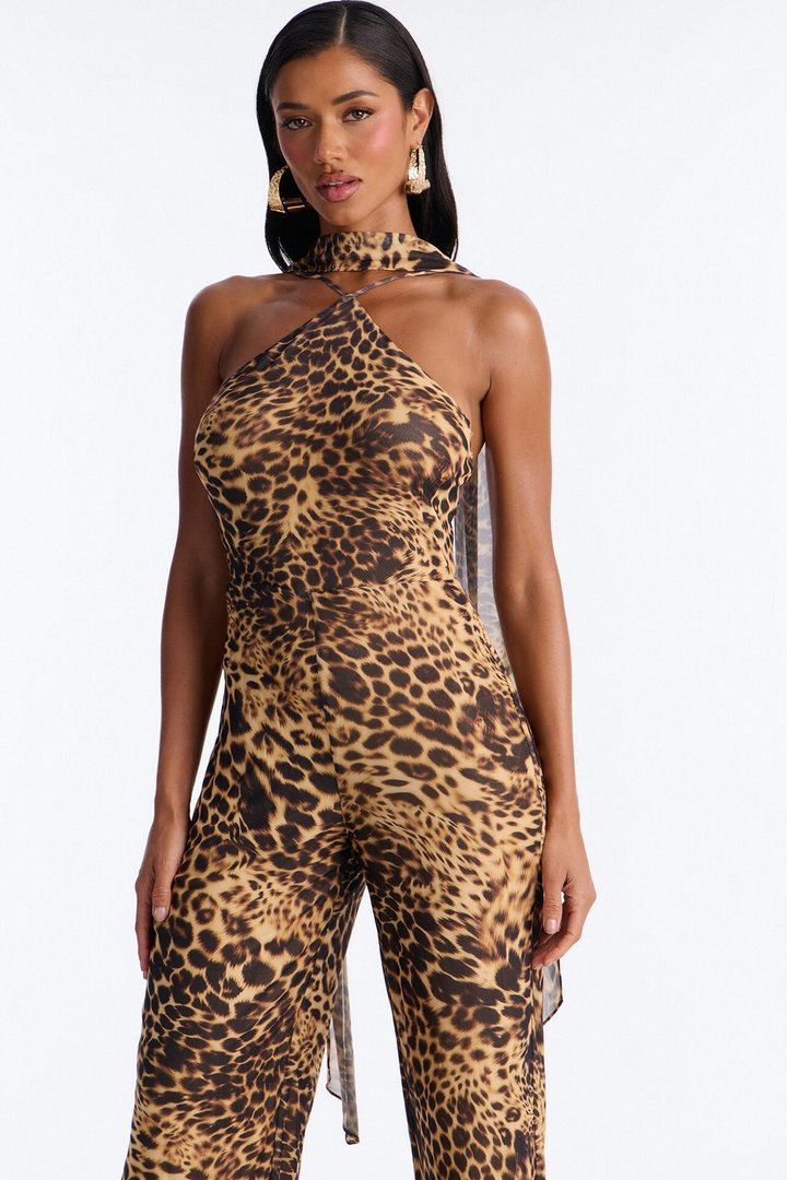 Mira Mesh Scarf Leopard Jumpsuit - Brown/combo