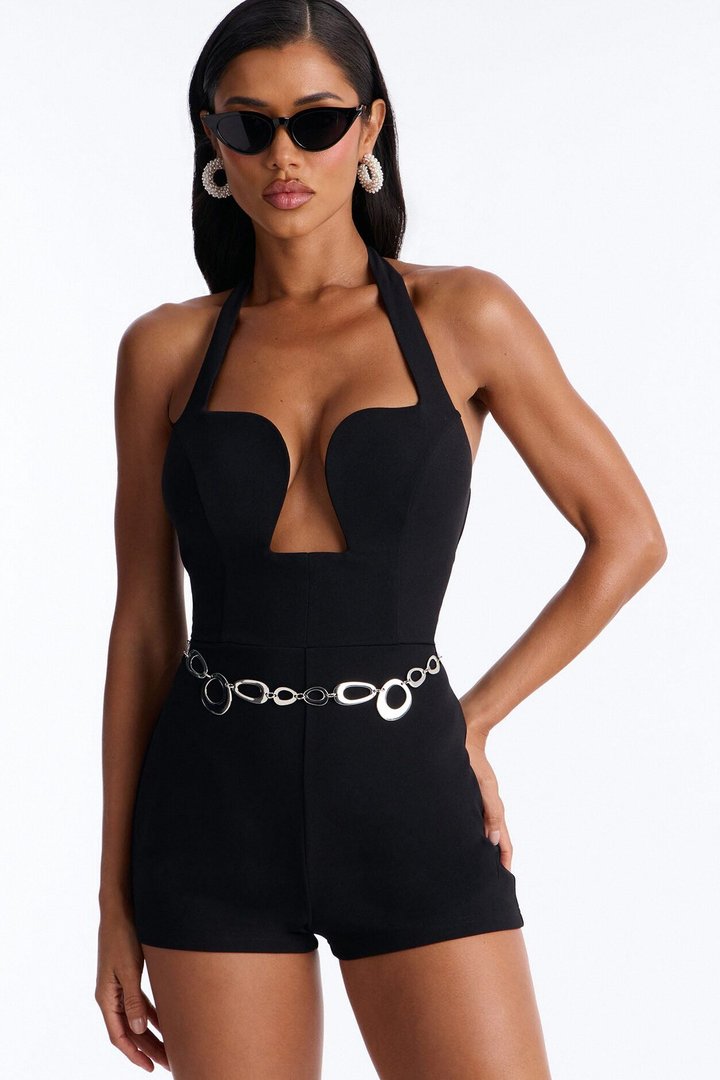 Bella Plunge Belted Micro Romper - Black