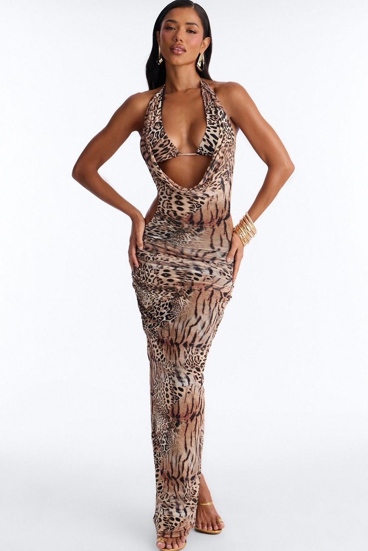 Untamable Energy Cowl Neck Mesh Maxi Dress - Brown/combo