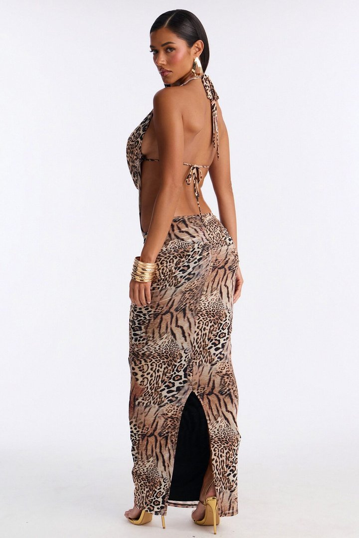 Untamable Energy Cowl Neck Mesh Maxi Dress - Brown/combo