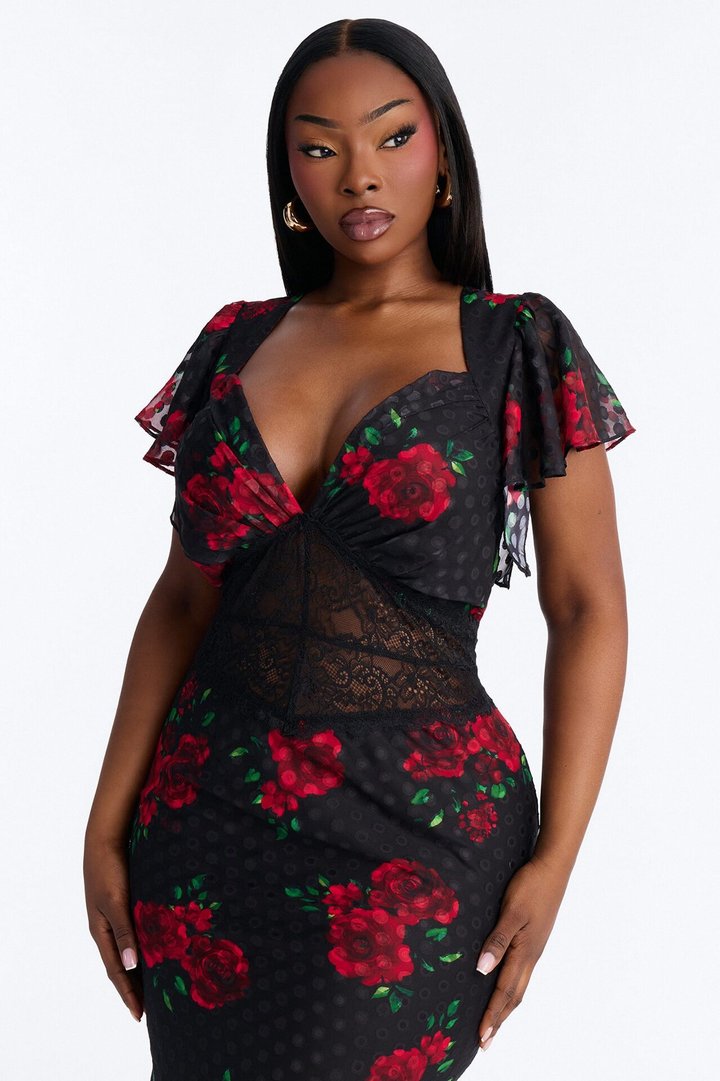 Isabella Floral Polka Dot Chiffon Midi Dress - Black/Red