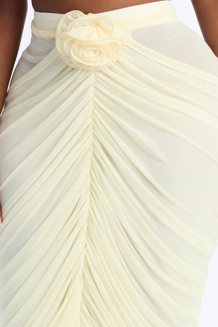 Lilah Rosette Ruched Mesh Midi Skirt - Butter Yellow
