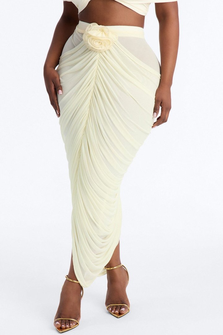 Lilah Rosette Ruched Mesh Midi Skirt - Butter Yellow
