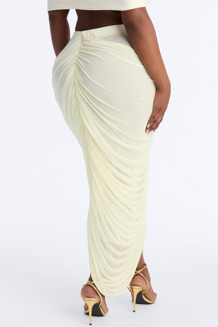 Lilah Rosette Ruched Mesh Midi Skirt - Butter Yellow