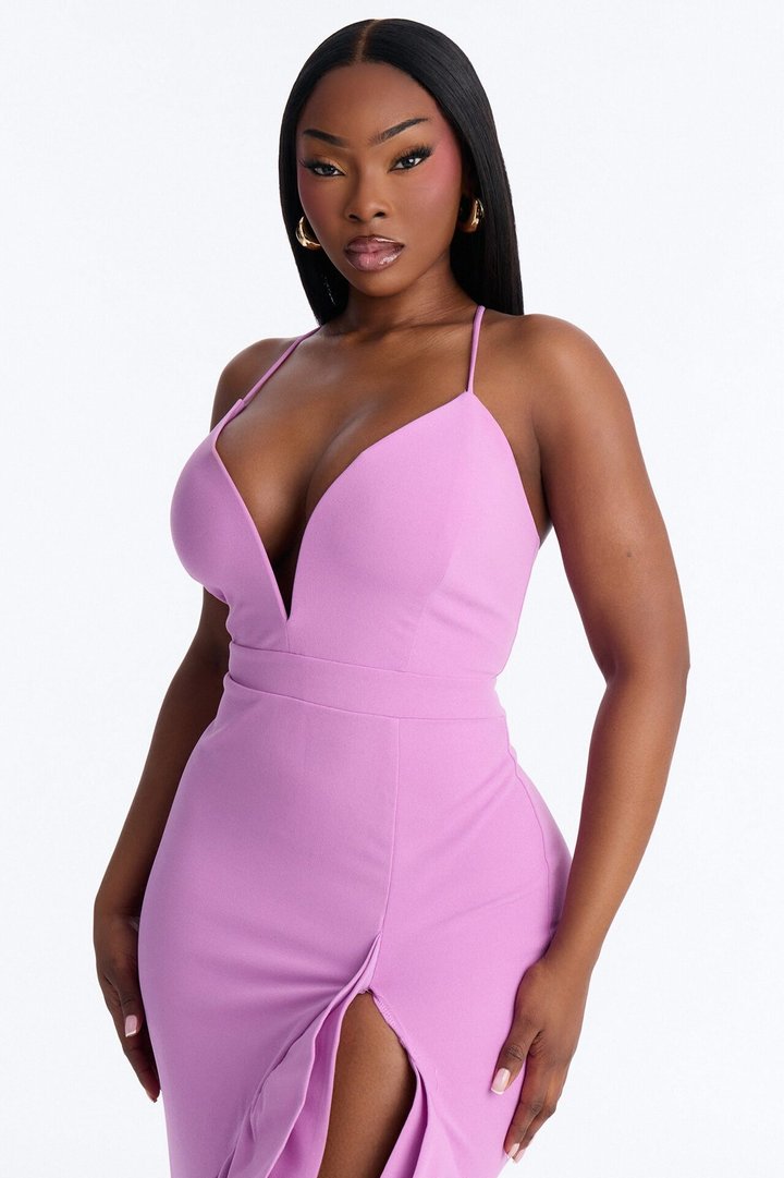 Selene Deep Neckline Ruffle Gown - Lavender