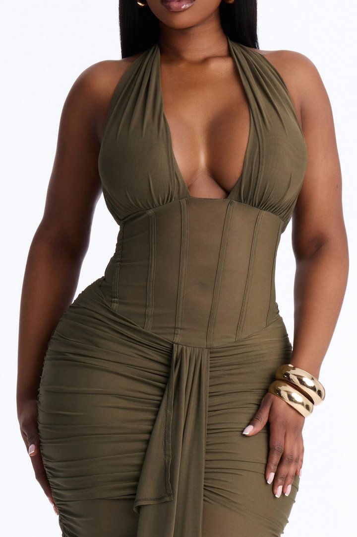 Mecca Mesh Halter Maxi Dress - Olive
