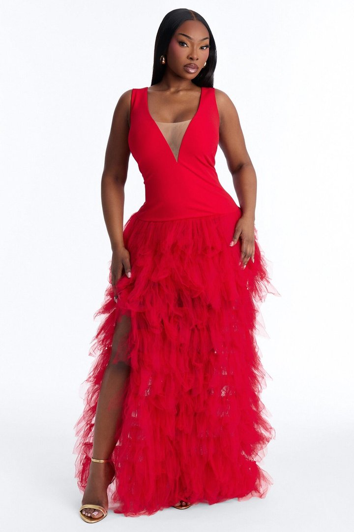 Madame Slays Ruffle Gown - Red