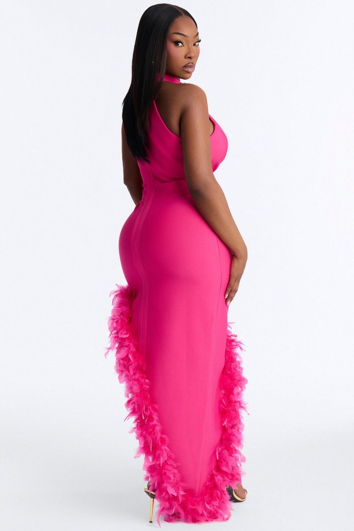Jorgie Feathered Bandage Gown - Hot Pink