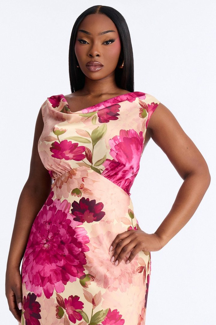 In Full Bloom Satin Maxi Dress - Pink/combo