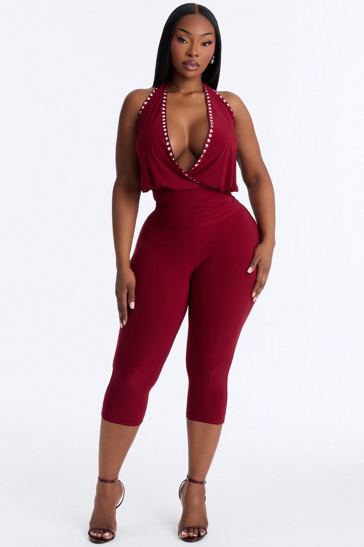 Jalene Halter Studded Capri Set - Burgundy