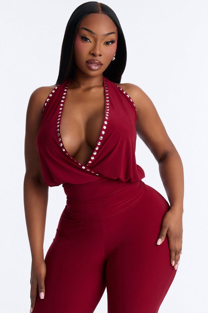 Jalene Halter Studded Capri Set - Burgundy