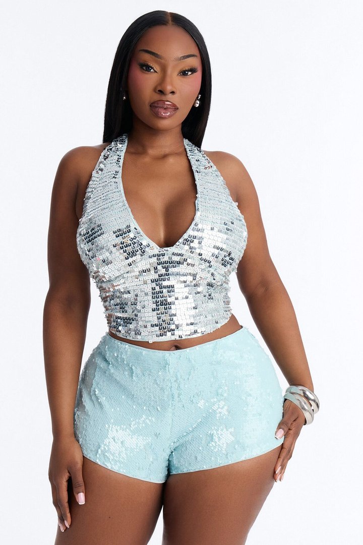 Kona Island Sequin Lace Up Halter Top - Blue