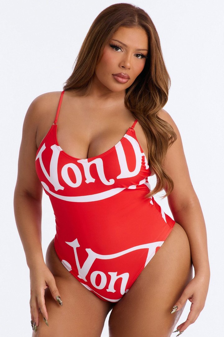 Von Dutch Logo Scoop Neck 1 Piece Swimsuit - Red/combo