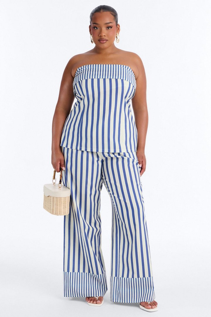 Ocean Views Foldover Striped Linen Top - Blue/combo