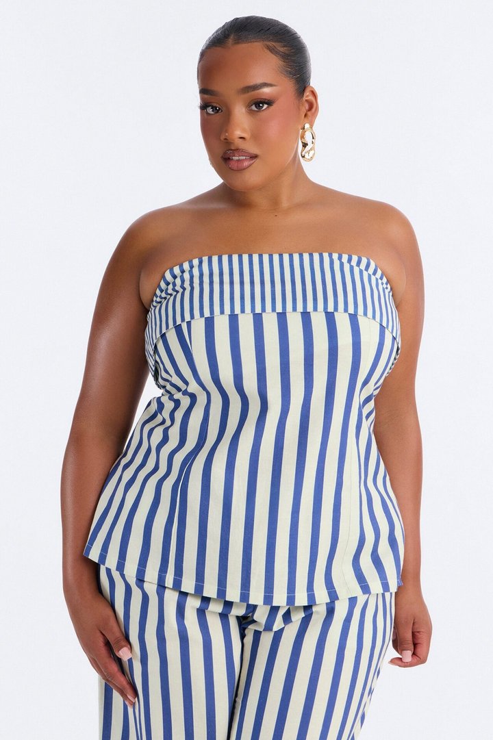 Ocean Views Foldover Striped Linen Top - Blue/combo