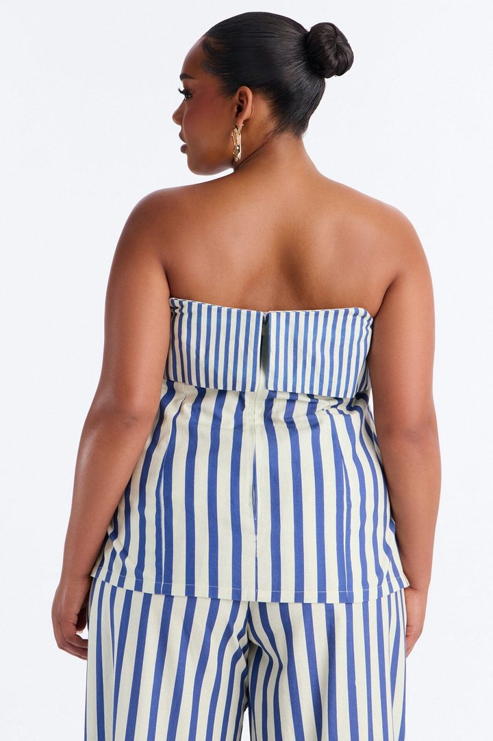 Ocean Views Foldover Striped Linen Top - Blue/combo