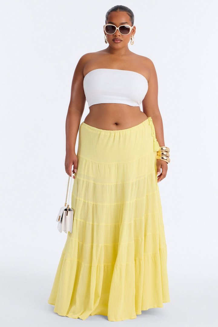 Summer Haze Tiered Rope Tie Waist Maxi Skirt - Butter Yellow