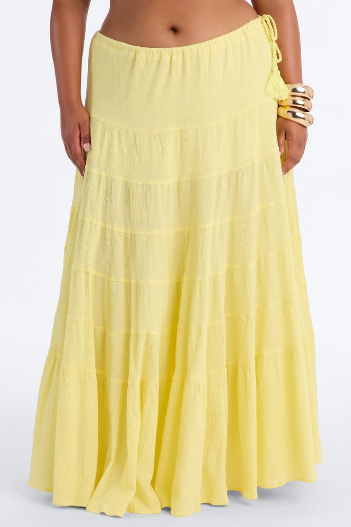 Summer Haze Tiered Rope Tie Waist Maxi Skirt - Butter Yellow