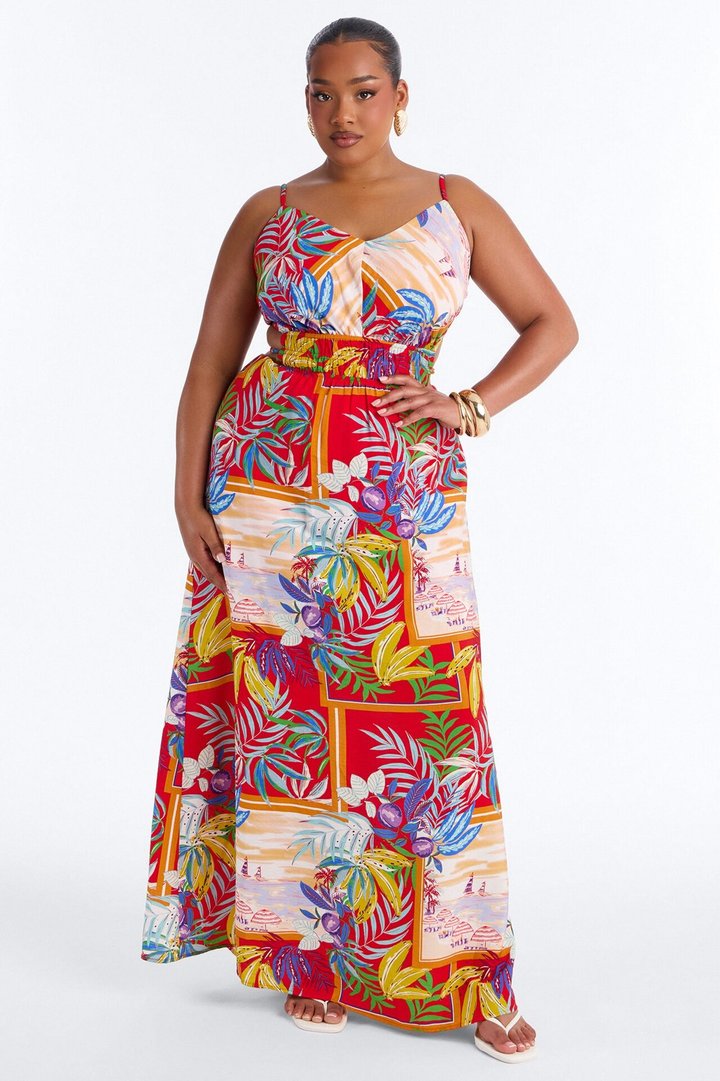 Kauai Backless Maxi Dress - Red/combo