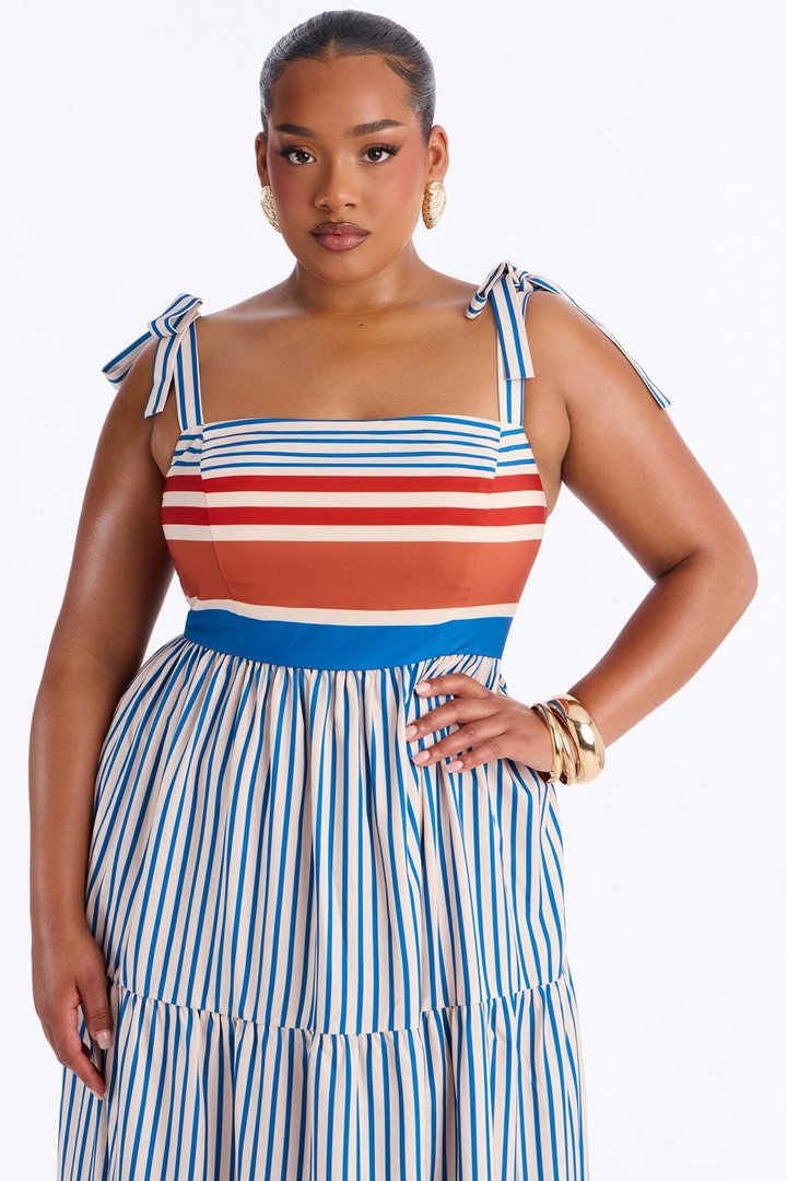 Sunbathing Tie Shoulder Maxi Dress - Blue/combo