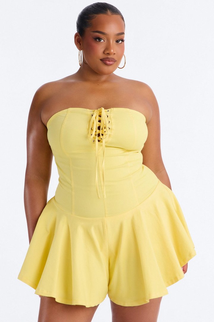 Shana Twill Strapless Ruffle Romper - Yellow