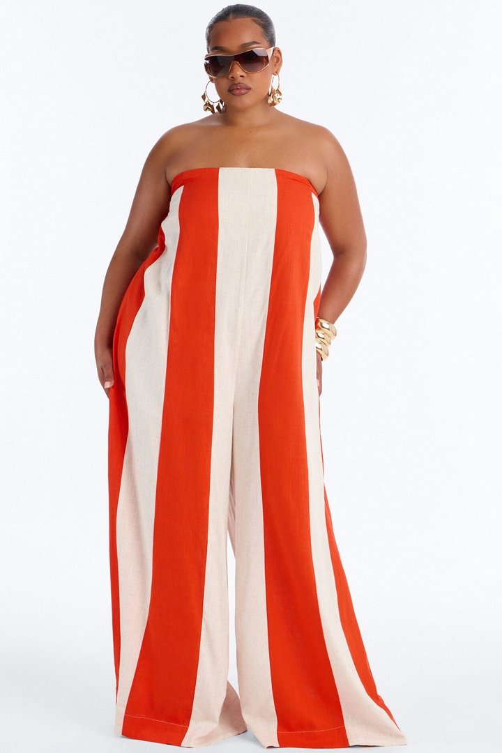 Michelle Striped Strapless Linen Jumpsuit - Orange