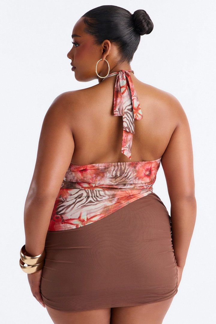 Summer Heat Animal Beaded Mesh Halter Top - Orange/combo