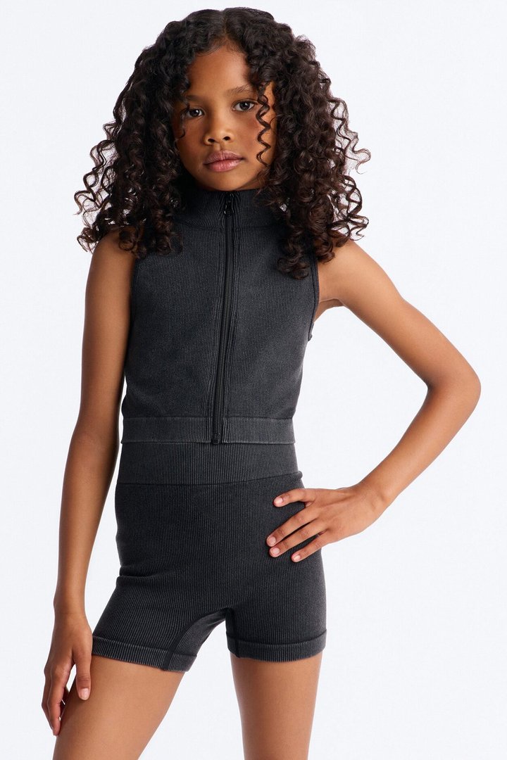 Mini Elevate Seamless Zip Up Tank And Biker Short Set - Black