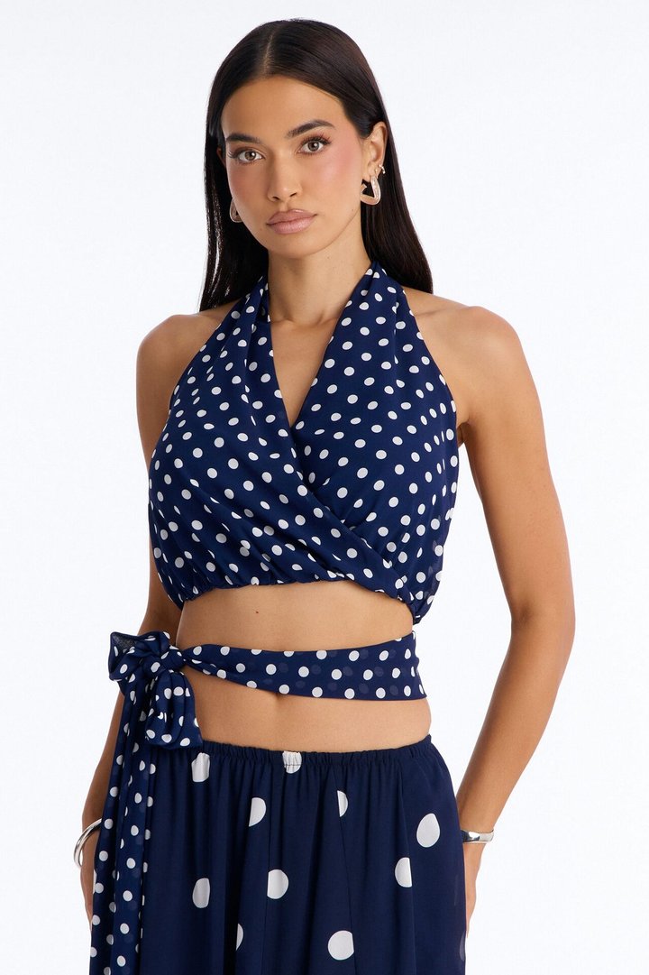 Lucia Chiffon Polka Dot Halter Maxi Skirt Set - Navy