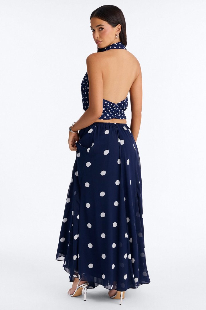 Lucia Chiffon Polka Dot Halter Maxi Skirt Set - Navy