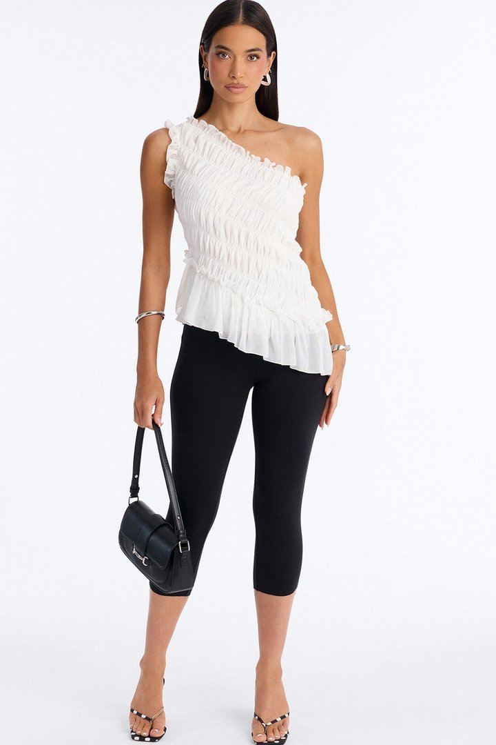 Cutie On Duty One Shoulder Chiffon Ruffle Top - White
