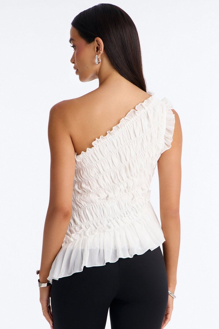 Cutie On Duty One Shoulder Chiffon Ruffle Top - White