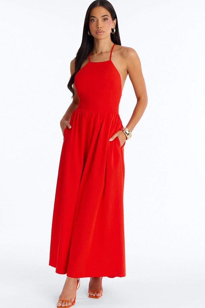 Kaylee Lace Up Back Maxi Dress - TomatoRed