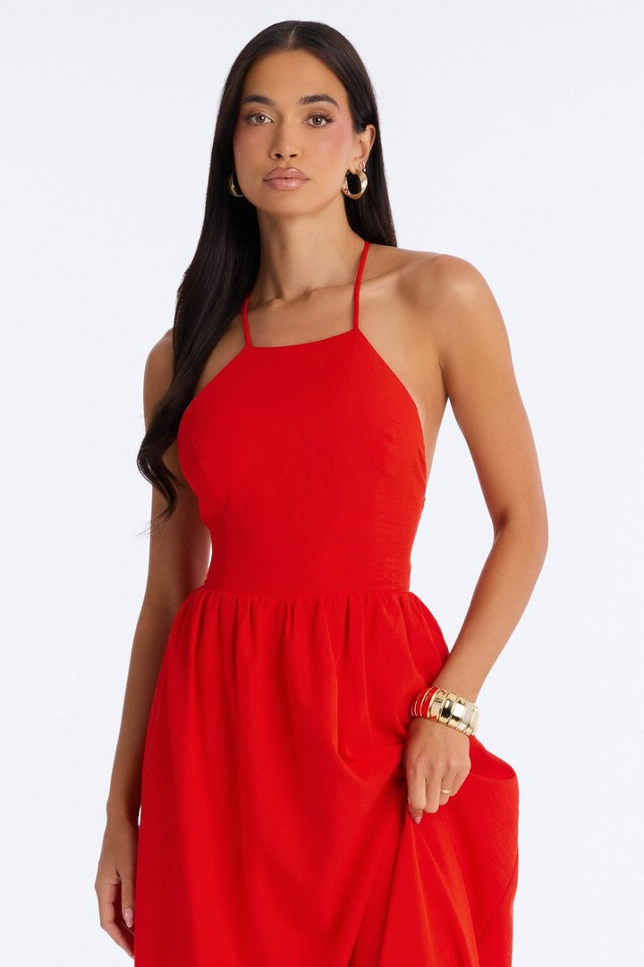 Kaylee Lace Up Back Maxi Dress - TomatoRed