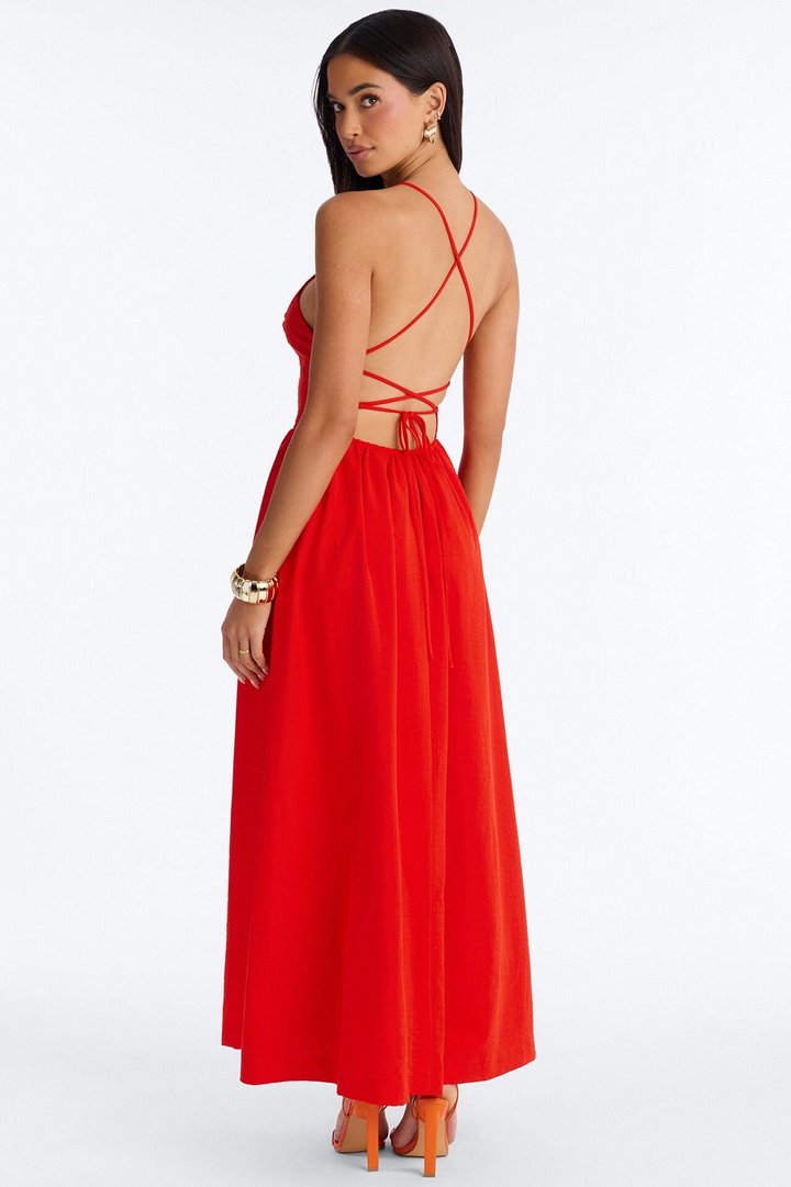 Kaylee Lace Up Back Maxi Dress - TomatoRed