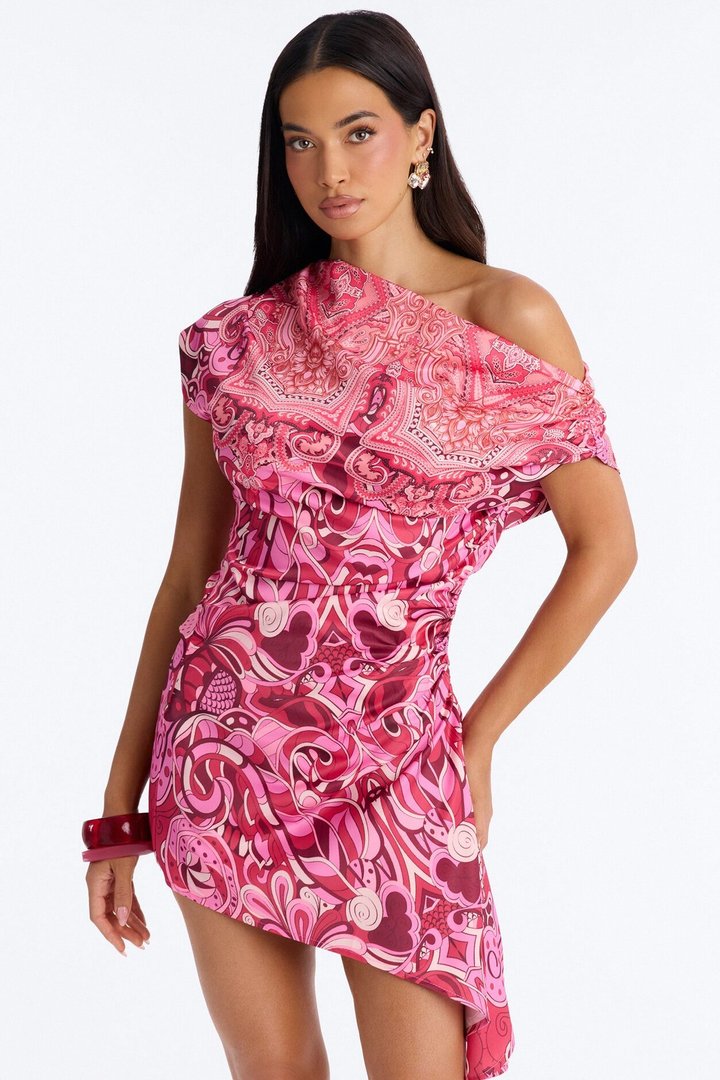 Ariella Asymmetrical Satin Mini Dress - Pink/combo